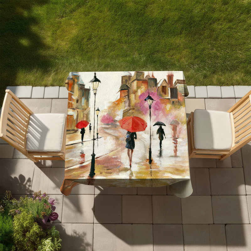 Red Indoor/Outdoor Tablecloth - Passersby Under Umbrellas Decor