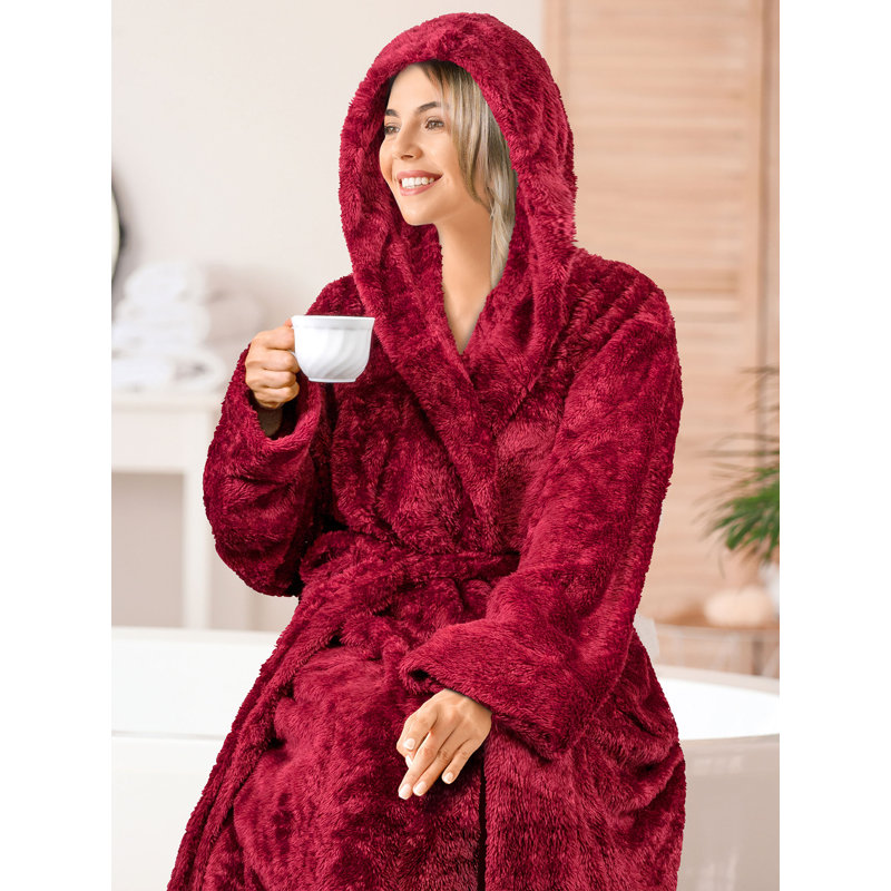 Peignoir 100% molletonné en microfibre de polyester de qualité supérieure avec poches et capuche, S, Vin