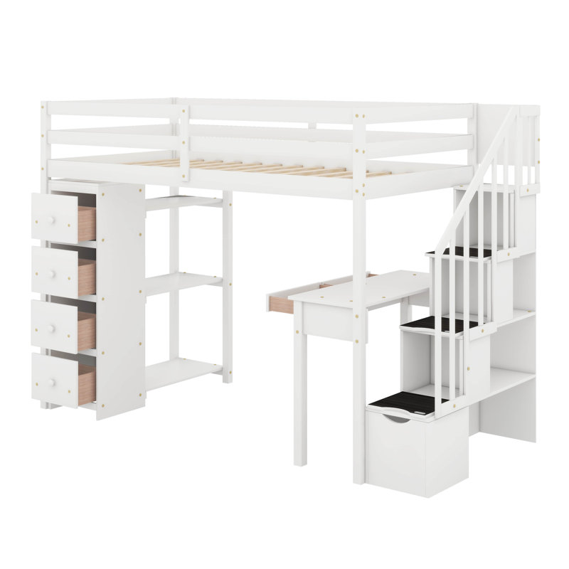 Lit mezzanine simple avec tiroirs, bureau, tablettes et escaliers, Blanc