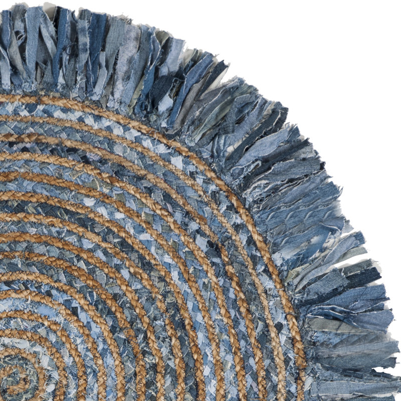 Tapis ivoire / denim en coton tissé à la main Abhay, Rond 7 pi