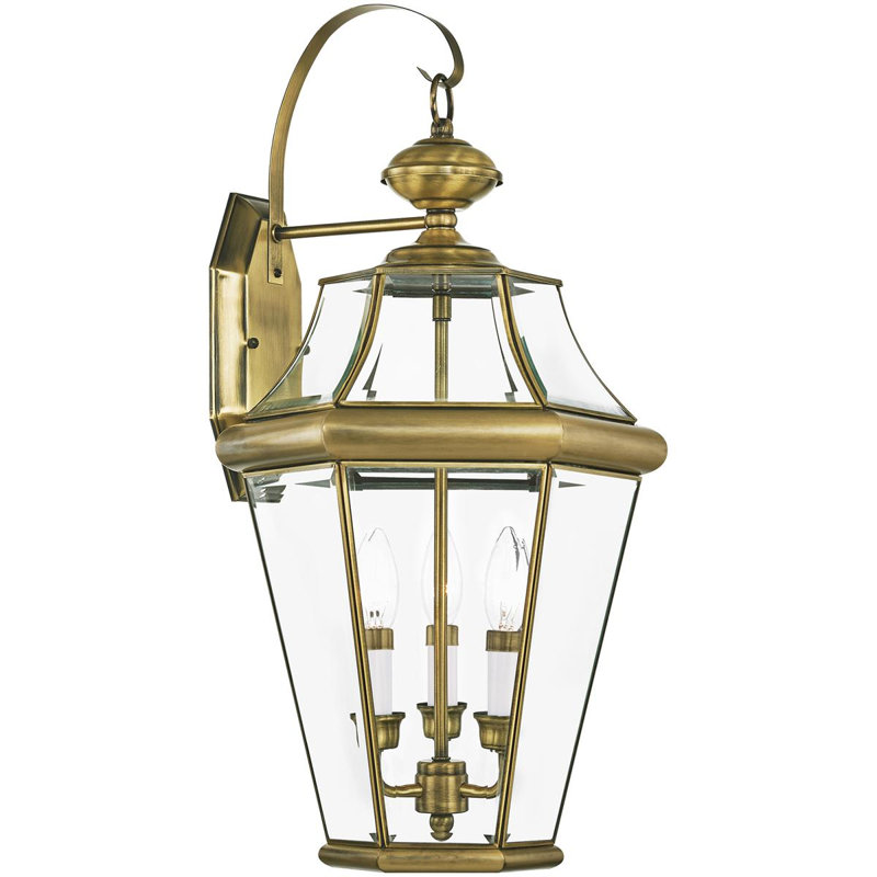 12.5in 3 Light Outdoor Wall Lantern Pendant - Clear Beveled Glass Shade, Antique Brass