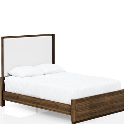 Walnut Veneer Queen Bed With Upholstered Headboard And Finish In Smooth Fabric Stable Base For A Good Rest