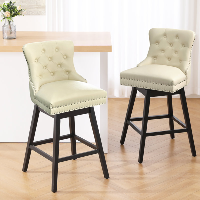 Swivel Bar Stools Set of 2, PU Leather Bar Chairs with Button Tufted Front and Ring Pull Back, 30" Bar Height Stools with Solid Wood Legs for Kitchen Island or Bar, Beige