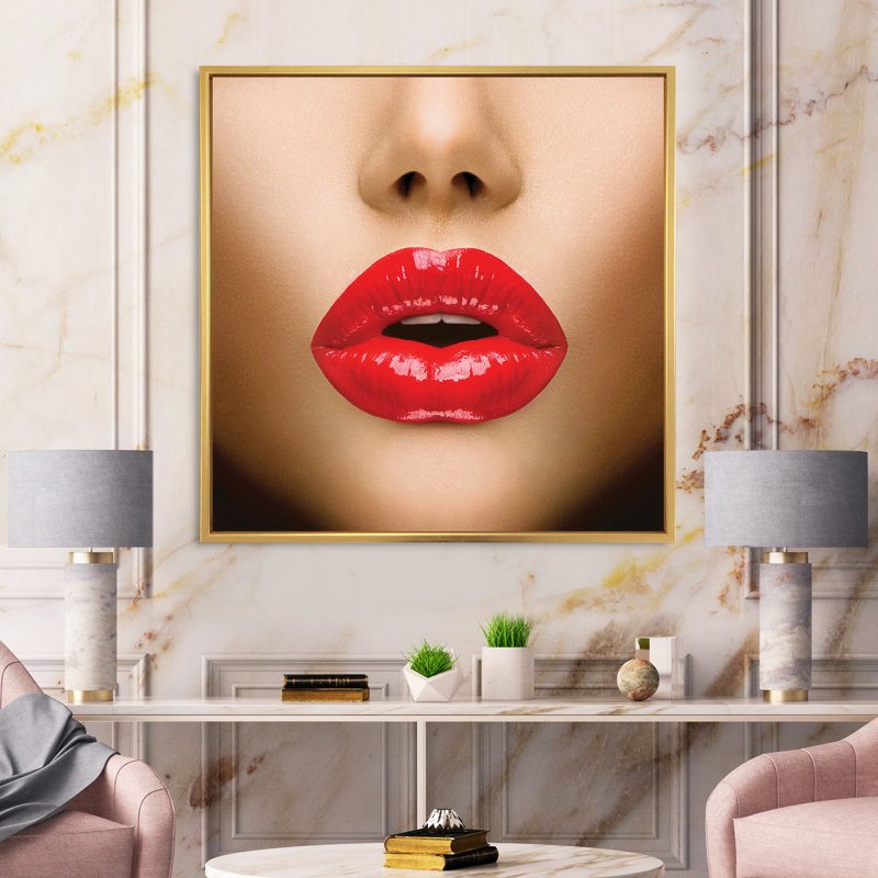 " Sexy Lips Beautiful Make-Up Close-Up Kiss ", 36" H x 36" W x 1" D, Gold Framed Canvas