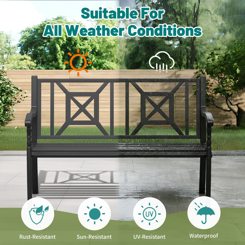 50.5'' L Outdoor Bench, Rustproof Metal Garden Bench with Ergonomic Backrest&Armrests, Bench-05