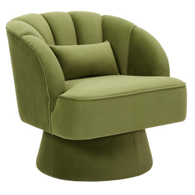 Modern 360° Swivel Barrel Accent Chair, Velvet Upholstered Armchair with Striped Backrest & Plush Cushion, Comfy Round Lounge Chair for Living Room Bedroom, Velvet Green