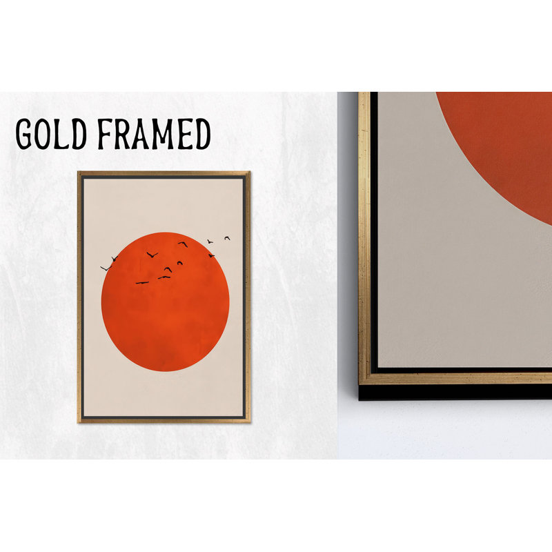 Impression sur toile orange moderne: art mural en verre oiseaux de lune de sang, 1P encadrée d'or