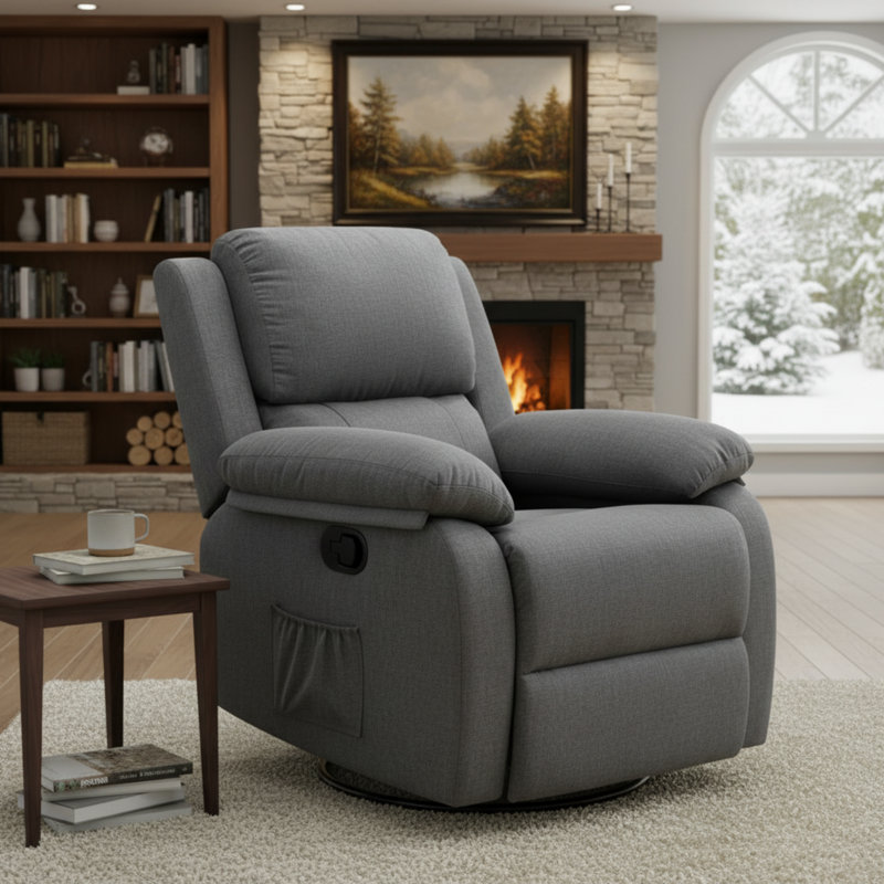 Gray Swivel Rocking Chair Designed For Small Spaces; Suitable For Living Rooms And Bedrooms.