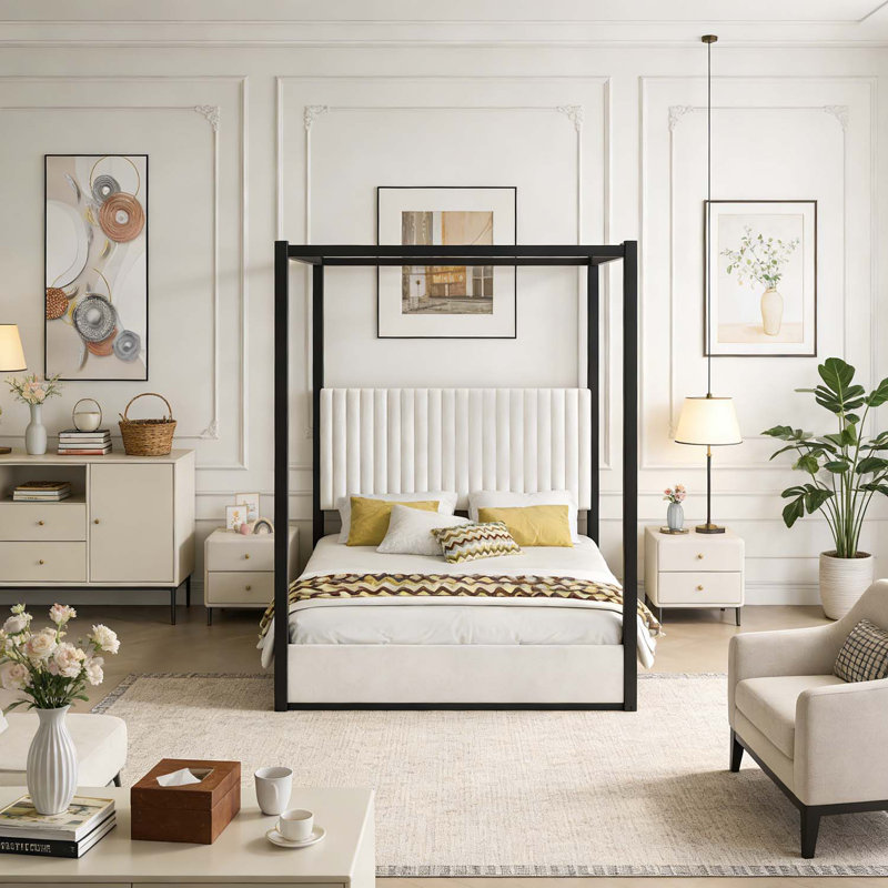 Lit plateforme à baldaquin Upholstery, parfait pour les chambres modernes et élégantes, Très grand lit, Noir et blanc