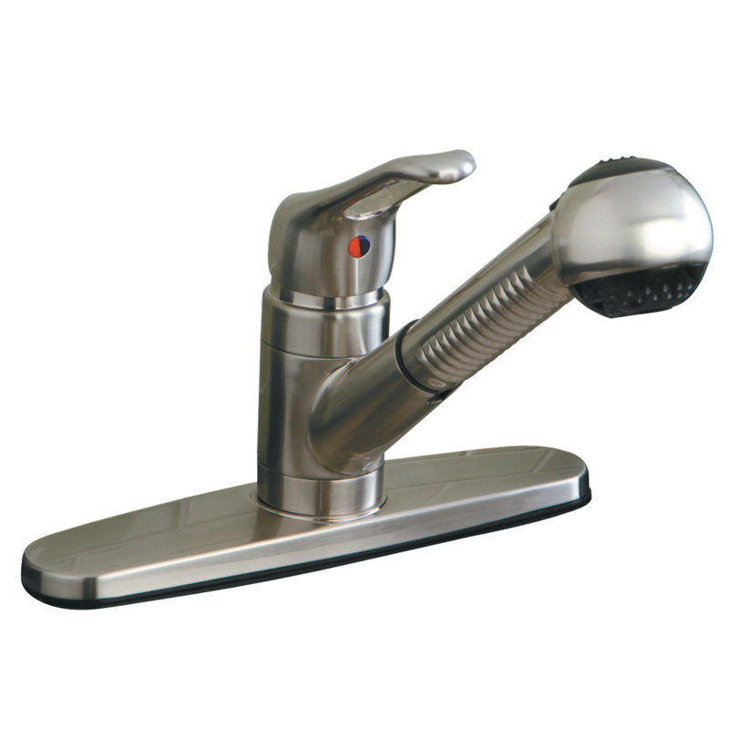 Kingston Brass Wyndham Single-Handle 1-or-3 Hole Deck Mount Pull-Out Sprayer Kitchen Faucet, Brushed Nickel