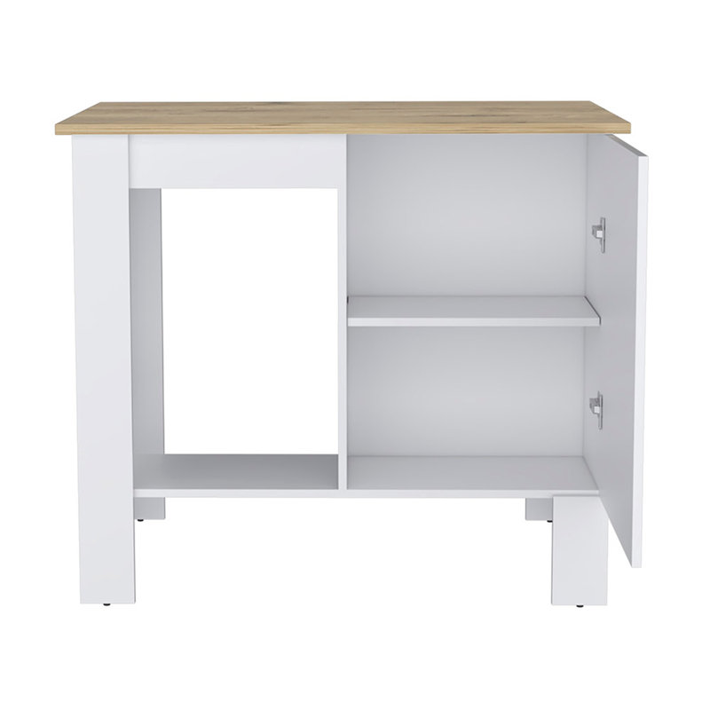 Îlot de cuisine H 35 po, une armoire de rangement avec porte, deux tablettes internes, une tablette de rangement ouverte, blanc / macadamia