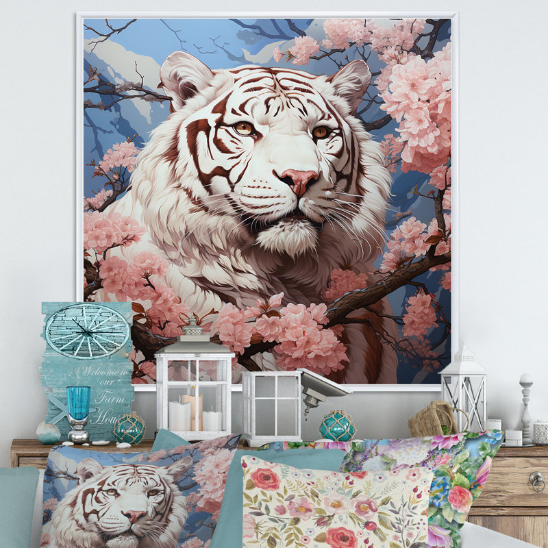 Fleurs roses roses, tigre blanc, beauté - tigre, art mural, Cadre flottant blanc, H 30 po x l 30 po x P 1,5 po