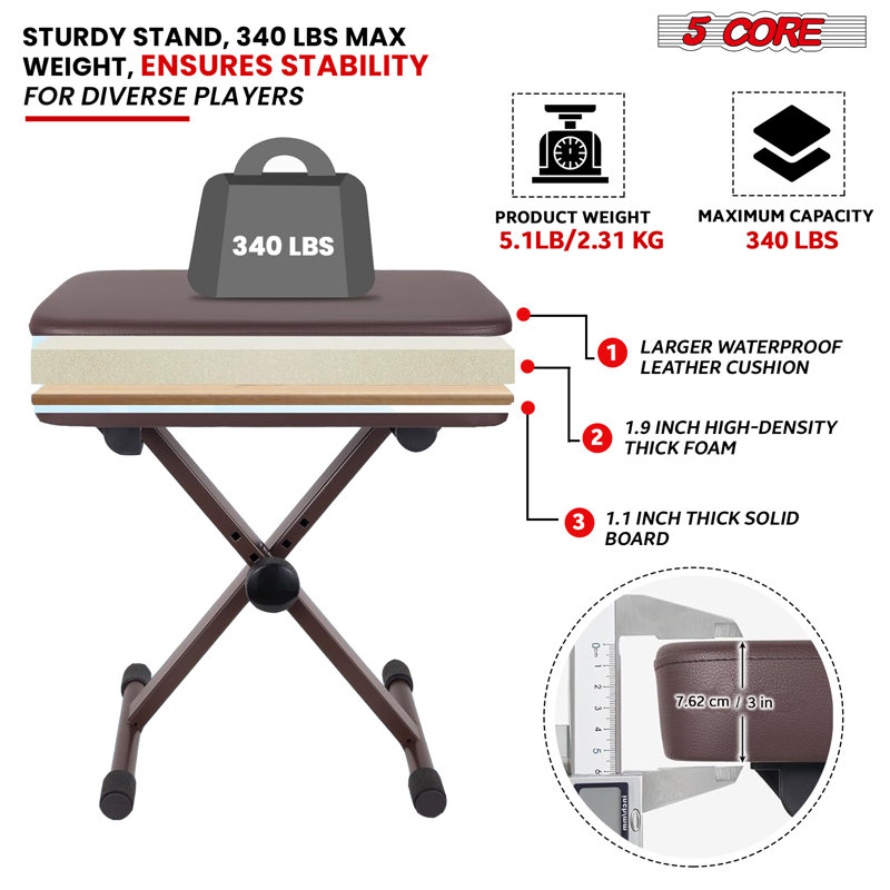 Banc de clavier à 5 cœurs, siège de guitare rembourré et réglable de 3 po, Brun