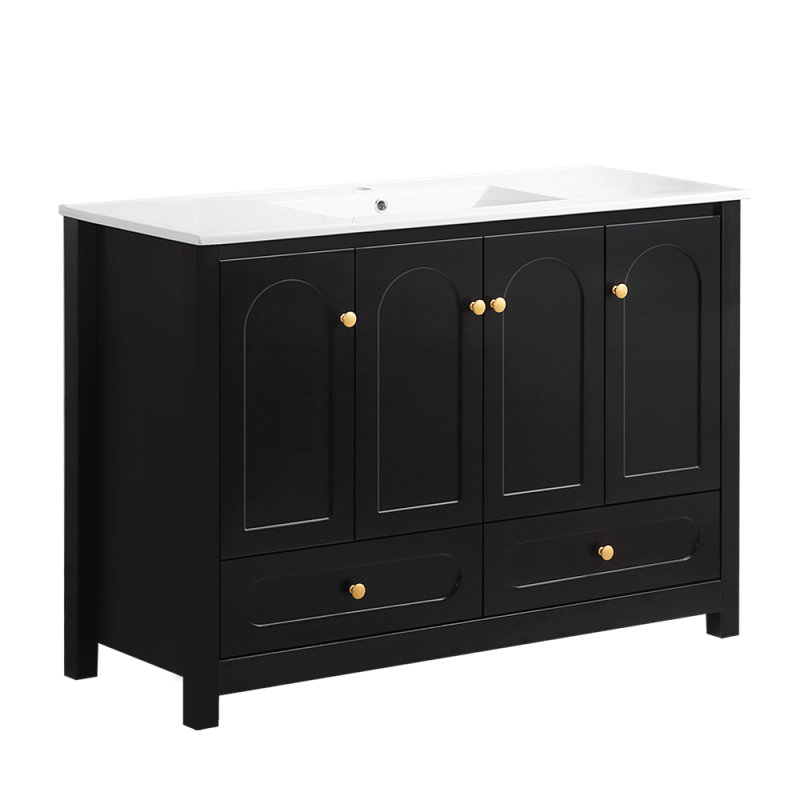 Un meuble-lavabo noir de 48 pouces de largeur avec un grand espace de rangement - une armoire avec 4 portes coulissantes et 2 tiroirs (excluant le lavabo en céramique)