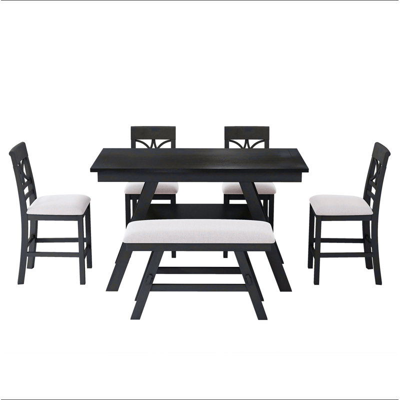 Ensemble de table de salle à manger 6 pièces à hauteur de comptoir en bois avec tablette de rangement, ensemble de table de cuisine avec banc et 4 chaises, style rustique