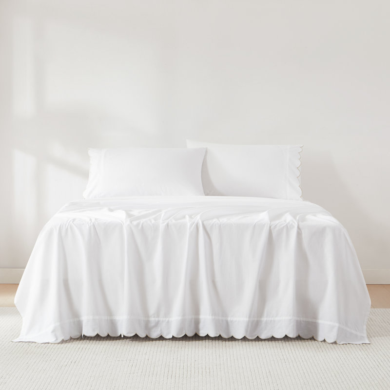 Coastal Chic Scalloped Edge Cotton Sheet 4Pc Set, Beige, Queen Sheet Set
