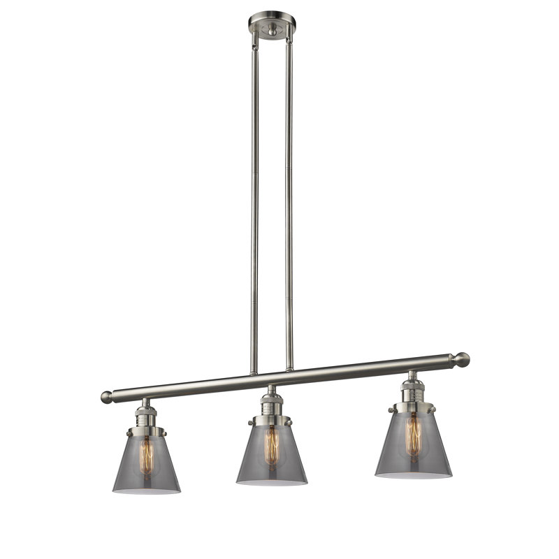 Cone 3 Light Stem Hung Island Light, Smoked, 36" H x 36" W x 5" D, Brushed Satin Nickel