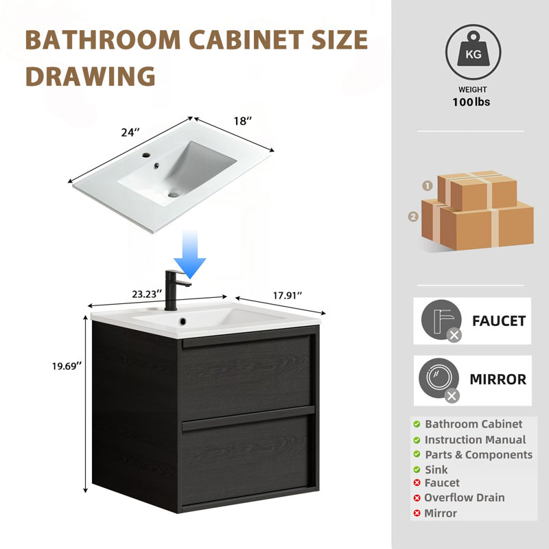 Meuble-lavabo mural 24 po avec évier et tiroirs en céramique