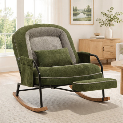 Oversized Nursery Rocking Chair with Retractable Footrest, Plush Faux Fur Upholstered Rocker with 4-Position Adjustable Backrest, Lumbar Pillow & Side Pocket