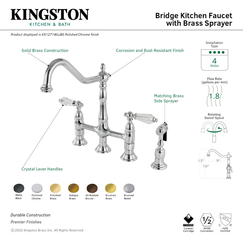 Kingston Brass Wilshire Two-Handle 4-Hole Deck Mount Bridge Kitchen Faucet with Side Sprayer, Antique Brass