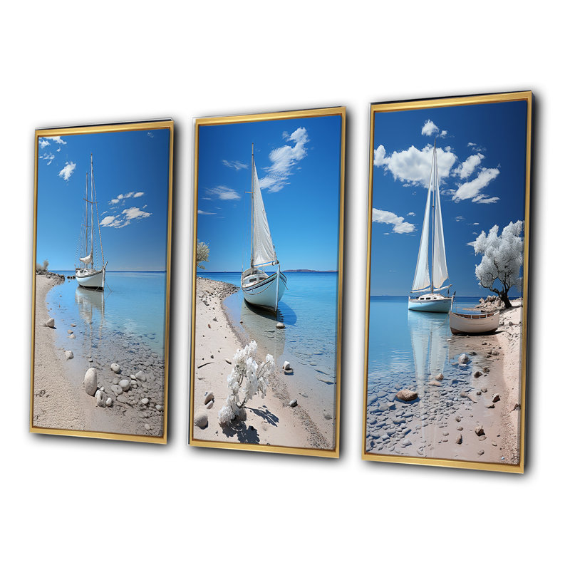 «Boat Elegance Minimalisme», 3 pièces sur toile, Encadrement doré, H 32 po x l 48 po