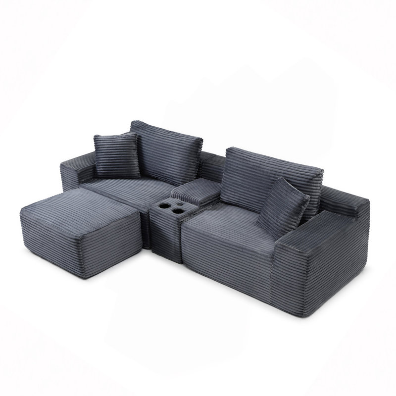 Canapé modulaire modulaire, canapé en nuage de velours côtelé à siège profond avec porte-gobelets, ports USB et boîte de rangement, canapé-lit, canapé-lit sans dossier avec repose-pieds mobile pour le salon, aucun assemblage requis