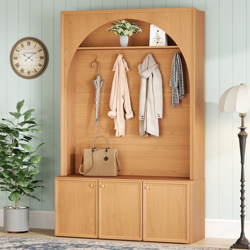 71" Modern Farmhouse Hall Tree with Arched Silhouette, Entryway Storage Bench with 3 Cabinets and 4 Golden Hooks, Natural