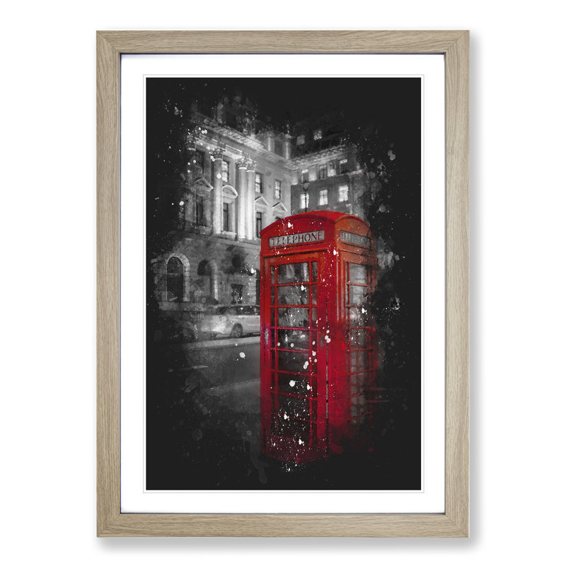 Red Telephone Box - Picture Frame Painting, 36cm H x 27cm W x 2cm D, Oak Framed