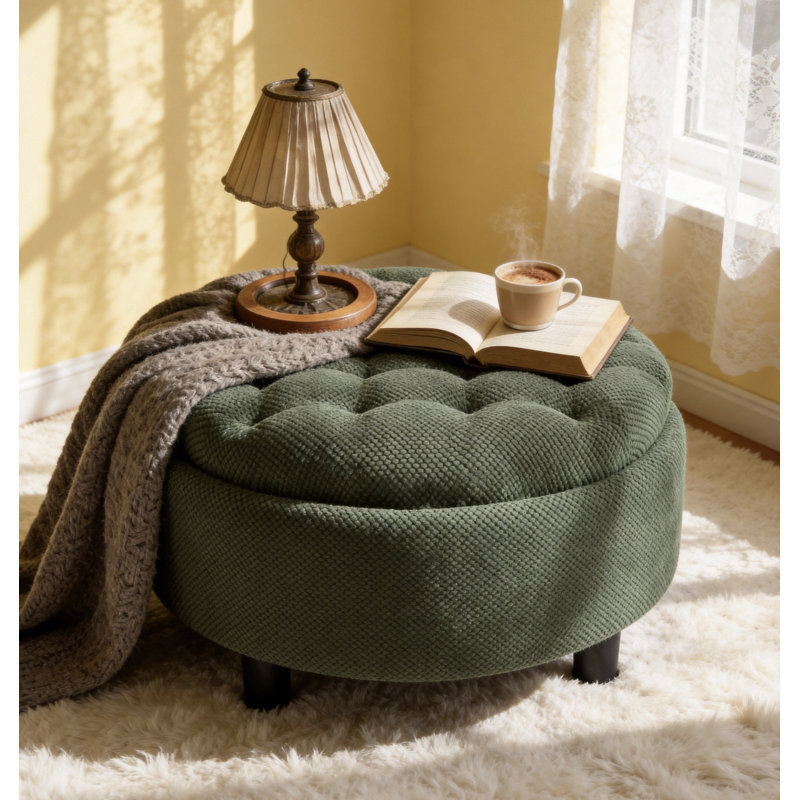 Repose-pieds rond avec rangement de 25 pouces avec plateau, table basse ronde en tissu touffeté moderne avec rangement, repose-pieds rembourré avec plateau amovible pour salon, chambre à coucher, vert foncé