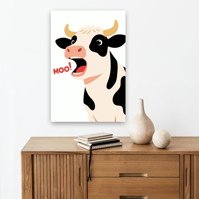 Vache drôle et meuglante - Illustration abstraite contemporaine représentant une vache dans un paysage naturel, 18" H x 12" W