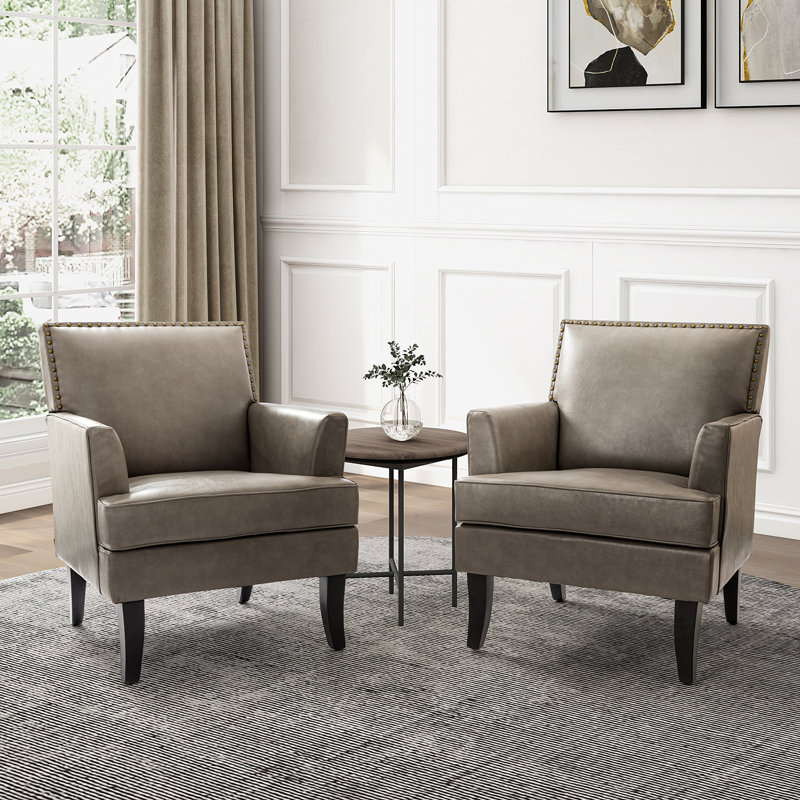 Celadon 27.5'' Wide Faux Leather Armchair with Nailhead Trim and Solid dWoo Legs Set Of 2, Gray Faux Leather