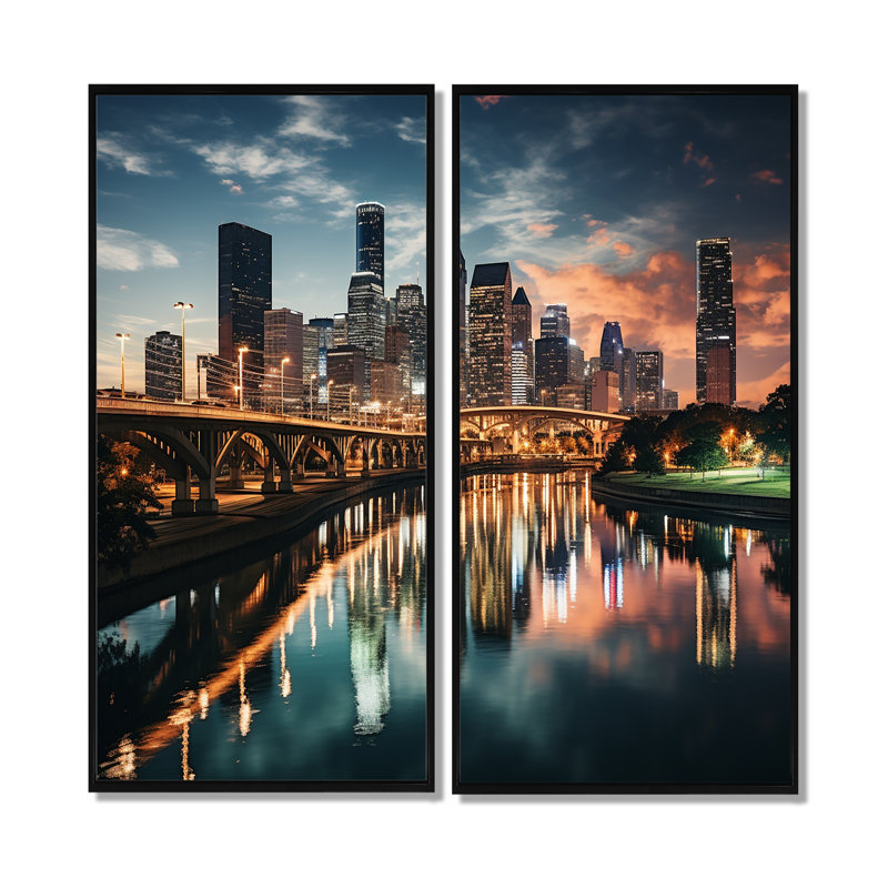 Houston City Horizons II - art mural industriel, H 32 po x l 32 po, Impression encadrée flottante sans passe-partout, Noir