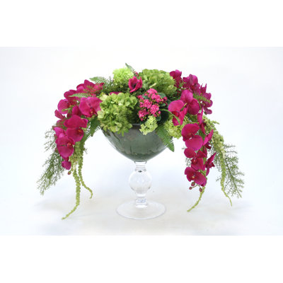 Hydrangea With Orchids And Hanging Amaranthus In Glass Bowl With Pedestal
