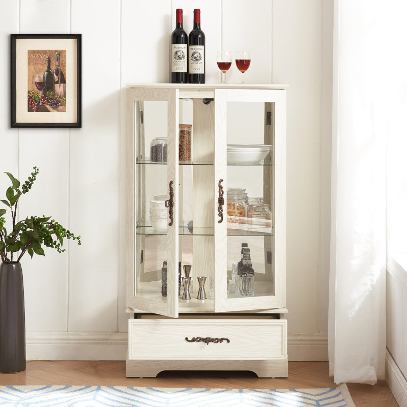 Display Cabinet with Adjustable Glass Shelves 2 Doors and 1 drawer Cabinet, White