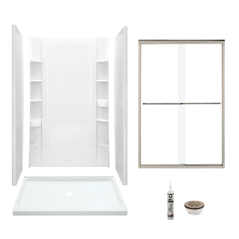 48" W x 75.75" H Frameless Rectangle Sliding Shower Kit with Towel Bar and Base Included, Nickel, White