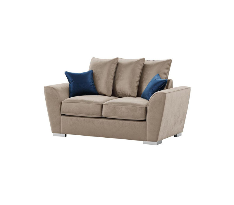 Bailor 2 Seater Velvet Sofa with Loose Back Cushions, Blue Velvet, Light Beige