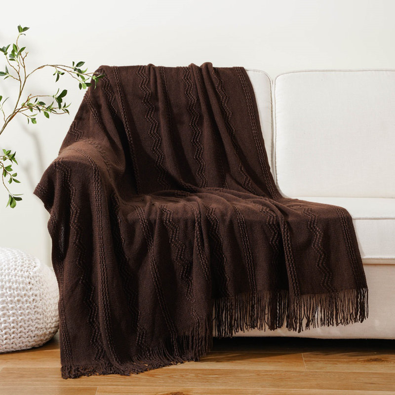 Throw Blanket For Couch, Solid Throw Blanket For Home Decor, Knit Throw Blankets For Bed, 50"X60", Brown Wavy