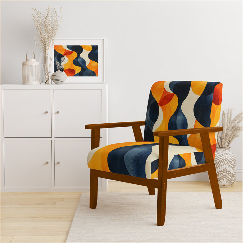 Chaise avec accoudoirs abstraite Mid-Century rembourrée - Yellow Organics In Motion I, Brown Square Arms