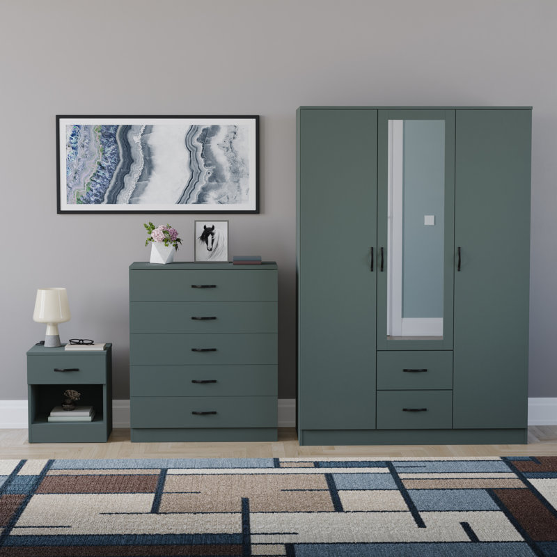 Maybery 3 Piece Bedroom Set (1 Drawer Bedside Chest, 5 Drawer Chest, 3 Door 2 Drawer Mirrored Wardrobe), (5), Green