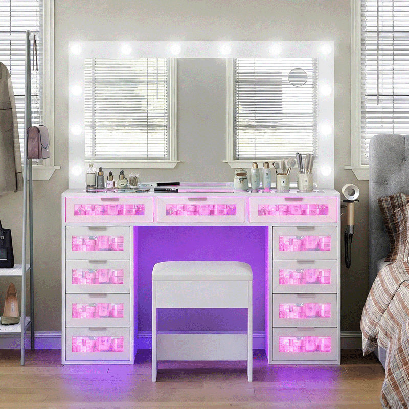 Vanity Desk with Mirror and Lights,7 RGB Drawers Vanity Table,Makeup Vanity with Charging Station & Vanity Stool,for Bedroom,Dressing Room, White