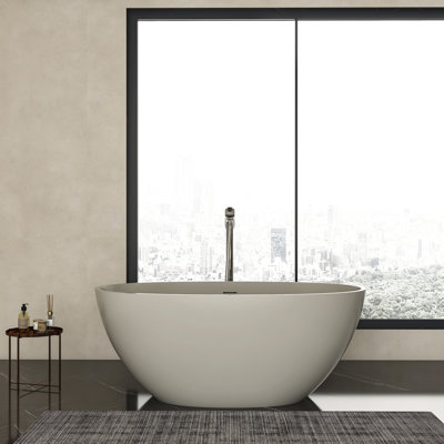 55*30.7*22 Inch Soaking Bathtub With Freestanding Design, Solid Surface, Beige, Modern Luxury Minimalist Style Surface Tub, 55 Inches, Simple And Stylish For Bathroom
