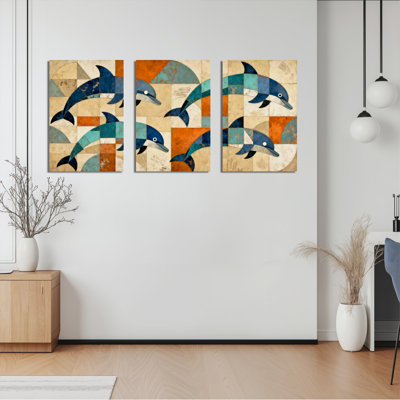 «Dolphin», reproduction d'art sur toile tendue sur toile géométrique abstraite (ensemble de 3)