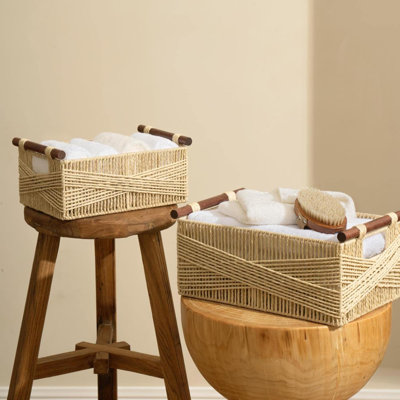 Paniers de rangement en osier pour l'organisation, panier en corde de papier recyclable avec poignées en bois, organisateurs de panier tissés à la main pour étagères à livres, salon, ensemble de 2