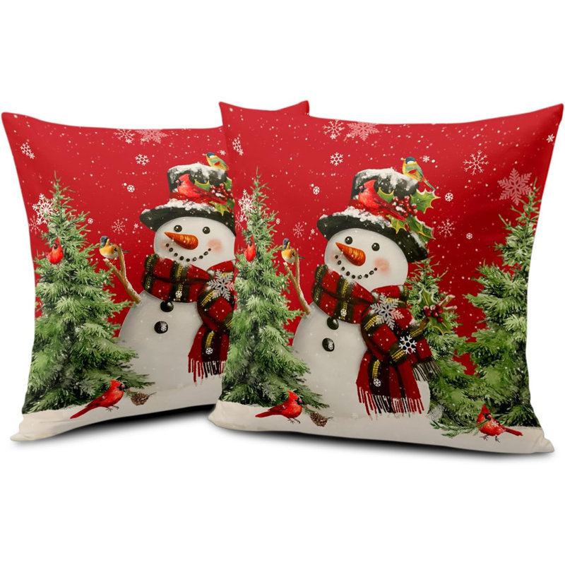 Snowman and Pine Tree Winter Throw Pillow Covers 18 x 18 Inch Set of 2, Red Double Sided Indoor Outdoor Holiday Cushion Cases