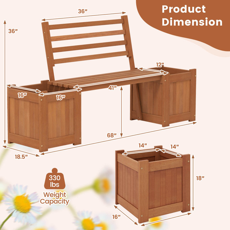 2 boîtes à fleurs avec banc et 2 bacs à fleurs à dossier ouvert pour le patio