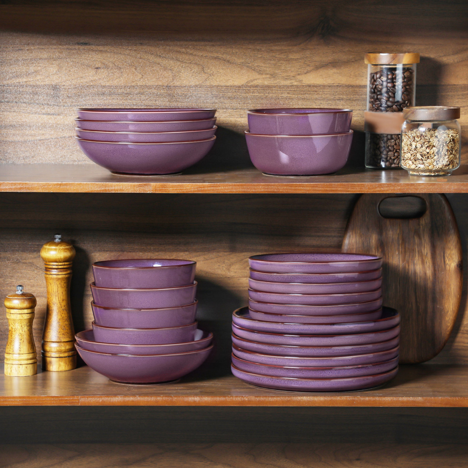  24 Piece Green Ceramic Dinnerware Set for 6,Kiln-Fired Plates,Dessert Plates,Pasta Bowls&Bowls, Purple