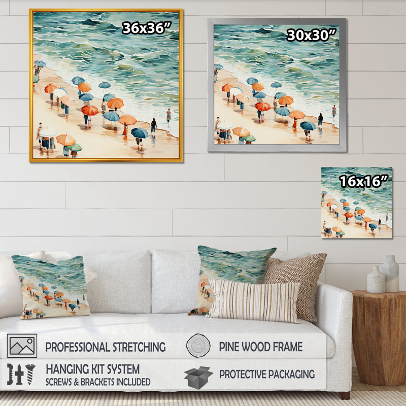 Beach Day Umbrella Parade II - Beach People, art mural, Cadre flottant noir, H 16 po x l 16 po x P 1 po