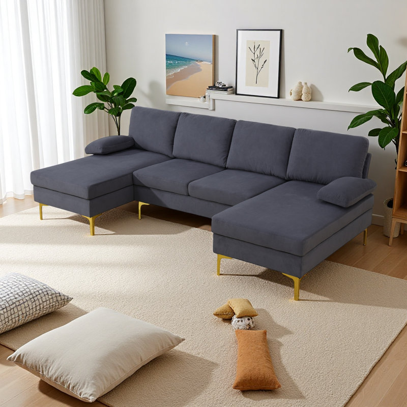U-shaped 3-piece Flannel Sofa Set – Plush Short-hair Fabric With Solid Wood Frame & Metal Feet – Anti-wrinkle, Anti-insect, High-density Sponge Comfort