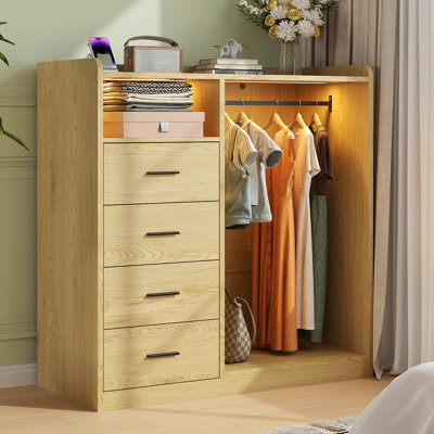 Organisateur de garde-robe brun à 4 tiroirs avec lumières DEL et station de charge - grand placard suspendu avec tablettes ouvertes, armoire de rangement moderne pour chambre à coucher