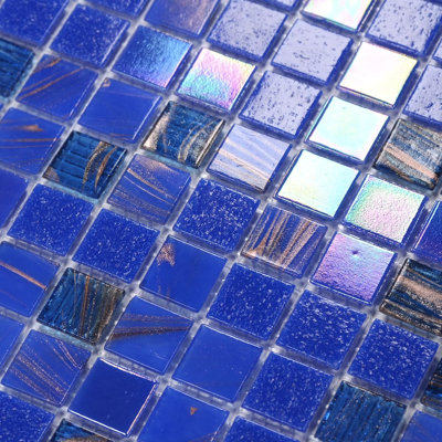 Deep Blue 12.9" x 12.9" Glass Grid Mosaic Wall & Floor Tile with Gold Veining (Set of 10)